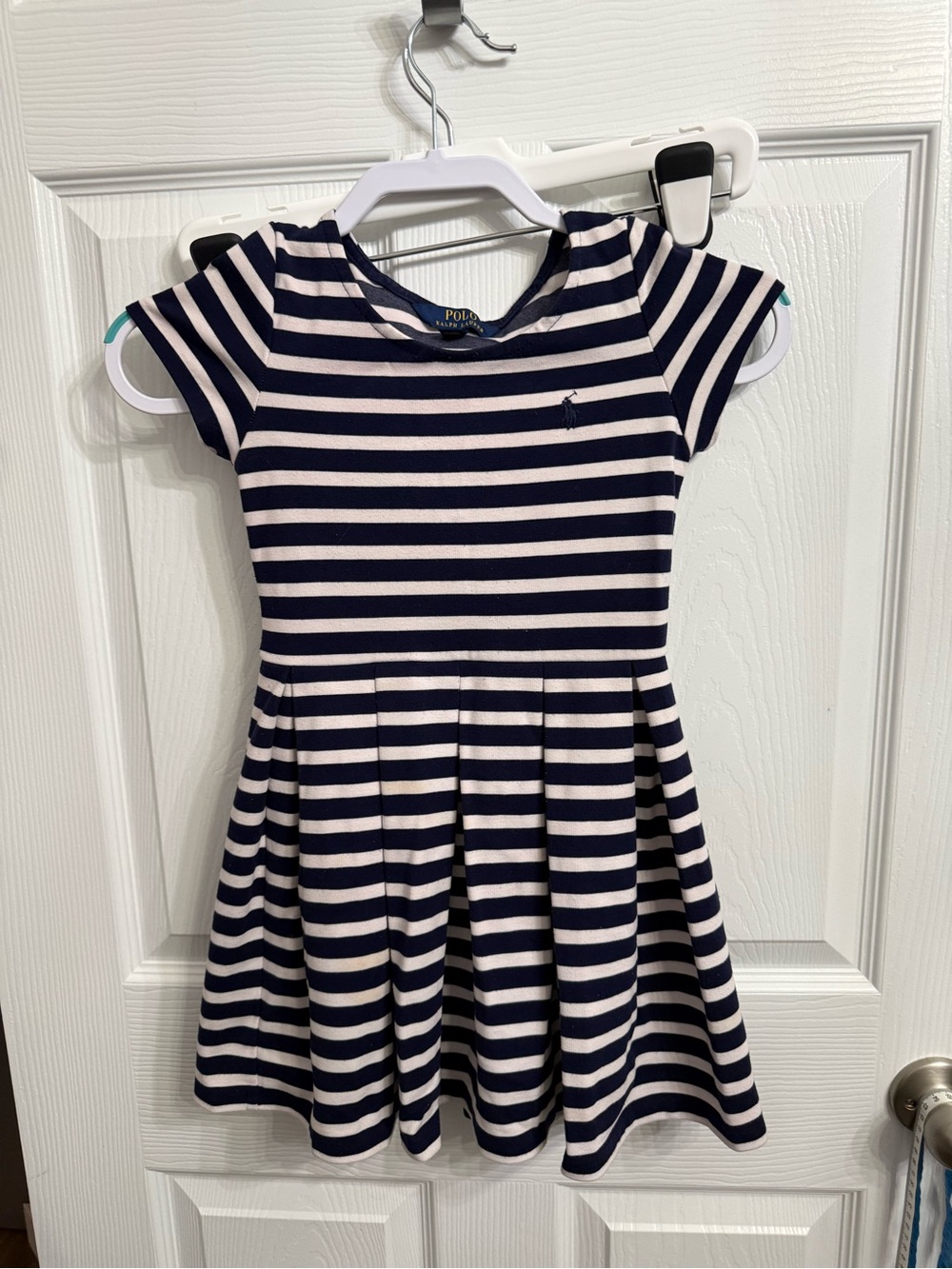Polo Ralph Lauren Girls Navy White Stripe Fit Flare Skater Dress 7 Preppy Luxury